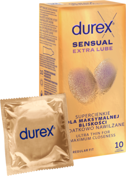 Złote pudełko Durex Sensual Extra Lube i prezerwatywa, ultra cienkie, dla maksymalnej bliskości, 10 sztuk.