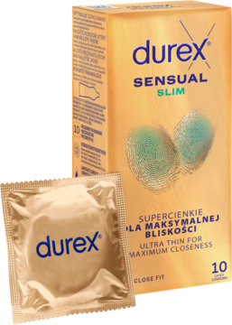 Pojedyncza prezerwatywa w złotym opakowaniu na pierwszym planie, za nią pudełko Durex Sensual Slim Ultra Thin.