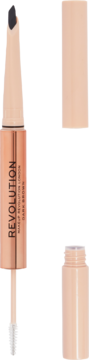 REVOLUTION Fluffy Brow Filter Duo Dark Brown, różowo-złota, dwustronna kredka z woskiem, otwarta, widoczna ciemna końcówka i biała szczoteczka.