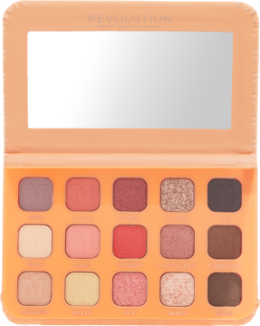 Otwarta pomarańczowa paleta cieni My Beauty Diary Maffashion x Revolution, 15 cieni i lusterko, widok z góry.