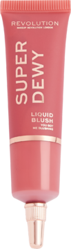 Różowa tubka Revolution Superdewy Liquid Blush You Got Me Blushing, z różowo-złotym aplikatorem, widok z przodu.