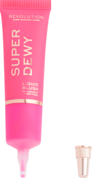 Róż do policzków Revolution Superdewy Liquid Blush w intensywnie różowej tubce, widok z przodu, z białymi napisami.