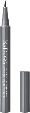 Ciemnoszary eyeliner IsaDora Hypo-Allergenic w pisaku, z czarnym filcowym aplikatorem, zdjęta skuwka obok.