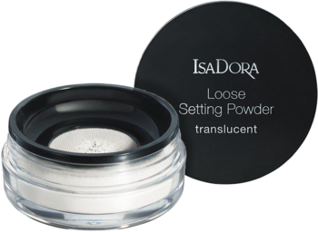 IsaDora Loose Setting Powder translucent w otwartym słoiczku obok czarnej zakrętki z logo i nazwą.