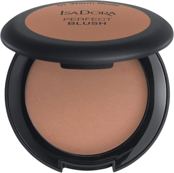Pudrowy róż IsaDora Perfect Blush 01 Warm Nude w otwartym, okrągłym, czarnym kompakcie, widok z góry.