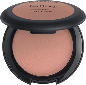 Otwarty kompakt IsaDora Perfect Blush 09 Rose Nude, widok z góry na różany nudziak puder z połyskiem.