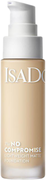 Beżowy podkład IsaDora No Compromise Lightweight Matte Foundation w szklanej butelce z pompką, widok z przodu.