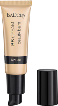 Beżowy krem BB IsaDora Beauty Balm SPF 30 w tubce z czarną pompką, obok leży czarna nakrętka.
