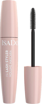 Jasnoróżowa maskara IsaDora Lash Styler Volume w opakowaniu obok czarnej szczoteczki z kolcami.