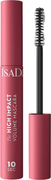 IsaDora 10 SEC High Impact Volume Mascara w różowej tubce, otwarta, z czarną, ergonomiczną szczoteczką.