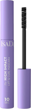 Liliowy tusz do rzęs IsaDora High Impact Lift & Curl Mascara, widok zamkniętej tubki i otwartej ze szczoteczką.
