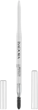 Biała kredka IsaDora Brow Fix 00 Clear z wysuwanym przezroczystym woskiem i szczoteczką, obok skuwki.