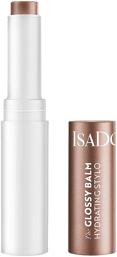 Biały sztyft IsaDora Glossy Balm Hydrating Stylo 40 Bare Beige, otwarty, obok brązowa nakładka.