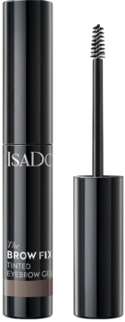 IsaDora The Brow Fix Tinted Eyebrow Gel w czarnej tubce z brązowym dołem, obok szczoteczka.
