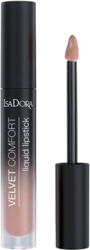 IsaDora Velvet Comfort długotrwała półmatowa pomadka w płynie Nude Blush, otwarta, widoczny aplikator.