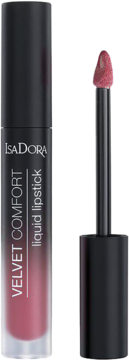 IsaDora Velvet Comfort płynna pomadka, odcień 56 Mauve Pink, półmatowa, z widocznym aplikatorem.