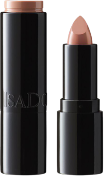 Nawilżająca pomadka IsaDora Perfect Moisture Lipstick 225 Rose Beige. Dwa czarne opakowania, jedno otwarte, drugie zamknięte.