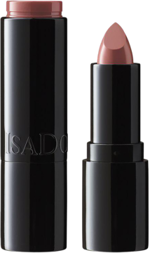 Nawilżająca pomadka IsaDora Perfect Moisture Lipstick Velvet Nude, obok otwarta z kremowym sztyftem.