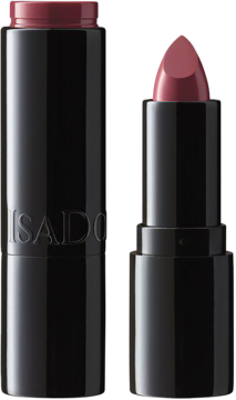 Nawilżająca pomadka IsaDora Perfect Moisture Lipstick 15 Heather, dwie czarne tubki, jedna otwarta z różową szminką.