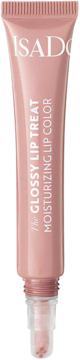 IsaDora Glossy Lip Treat 55 Silky Pink w różowej tubce, widok z przodu, z otwartą końcówką i aplikatorem.