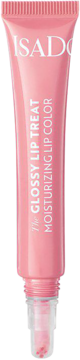 Różowy błyszczyk IsaDora Glossy Lip Treat w tubce z widocznym aplikatorem. Nawilżający kolor do ust.