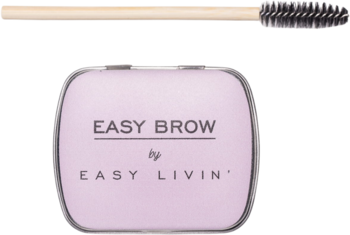 Mydełko do brwi Easy Brow w liliowym metalowym pudełku, obok widoczna bambusowa szczoteczka.