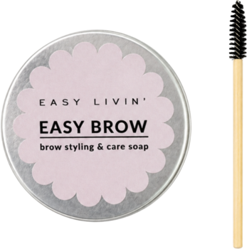 Easy Livin' Easy Brow mydełko do brwi w metalowej puszce z różową etykietą i bambusową szczoteczką.