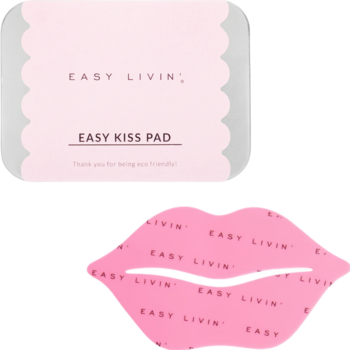Easy Kiss Pad, wielorazowa silikonowa maska na usta Easy Livin' w kształcie ust i jej różowe opakowanie.