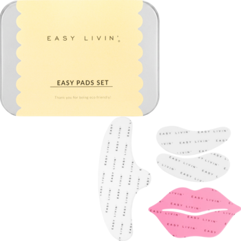 Zestaw Easy Pads: silikonowe płatki pod oczy, na czoło i usta, w białym pudełku, widok z góry.
