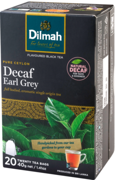 Opakowanie herbaty Dilmah Decaf Earl Grey, czarna herbata Pure Ceylon, 20 torebek, widok z przodu.