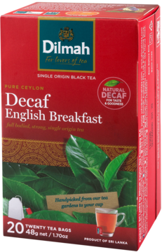 Czerwone opakowanie herbaty Dilmah Decaf English Breakfast, 20 torebek, z grafiką liści i kubkiem, widok z przodu.