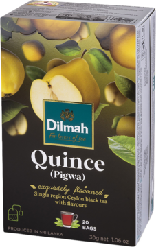 Ciemny kartonik herbaty Dilmah Quince (Pigwa) z ilustracjami żółtych owoców, widok z przodu. Cejlońska czarna herbata, 20 torebek.