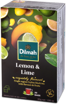 Czarne pudełko herbaty Dilmah Lemon & Lime 20 torebek, z obrazkami cytryn i limonek, widok z przodu.