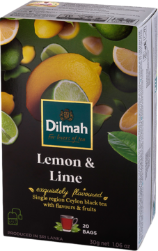 Dilmah Lemon & Lime czarna herbata w ciemnym pudełku z żółtymi cytrynami i zielonymi limonkami, widok z przodu.