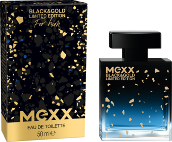 MEXX Black & Gold EDT, czarna butelka z niebieskim gradientem i złotymi drobinkami, z pudełkiem.