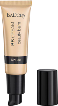 IsaDora BB Cream Beauty Balm SPF 30 w beżowej tubce z czarną pompką, obok odkręcona nakrętka.