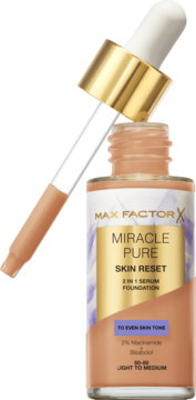 Max Factor Miracle Pure Skin Reset foundation in a glass bottle with extended dropper, light-medium shade, front view.