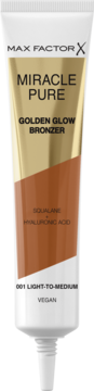 Max Factor Miracle Pure Golden Glow Bronzer z kwasem hialuronowym, biała tuba, złoto-brązowe detale, widok z przodu.