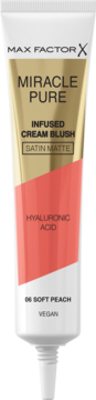 Max Factor Miracle Pure Cream Blush Satin Matte 06 Soft Peach, biała tubka z brzoskwiniowym akcentem, kwas hialuronowy.