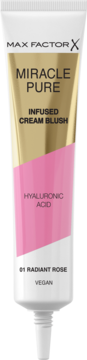 Max Factor Miracle Pure Infused Cream Blush w białej tubce, złoto-różowy design, z kwasem hialuronowym. Frontalny widok.