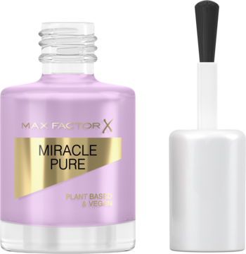 Max Factor Miracle Pure wegański lakier do paznokci, jasnofioletowa butelka z pędzlem obok. Widok z przodu.