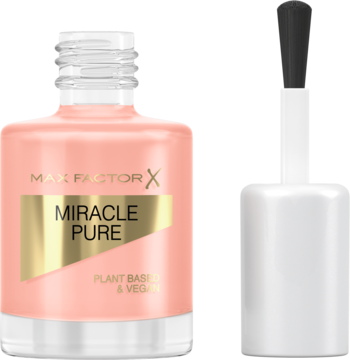 Max Factor Miracle Pure lakier wegański, jasny brzoskwiniowy, w otwartej butelce z widocznym pędzelkiem.