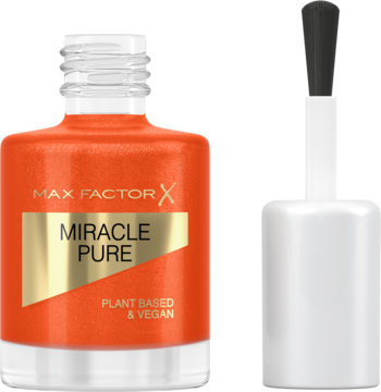 Lakier Max Factor Miracle Pure, pomarańczowy, wegański. Otwarta butelka z pędzelkiem obok.