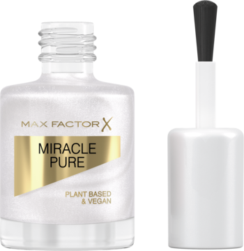 Otwarta butelka Max Factor Miracle Pure, biały wegański lakier do paznokci z pędzelkiem, złota etykieta.