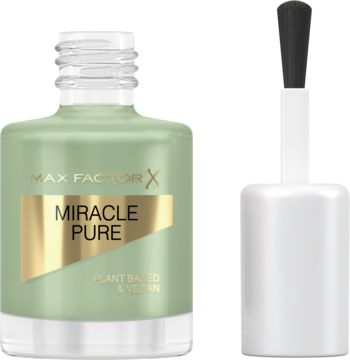 Zielony lakier Max Factor Miracle Pure Nail wegański, z błyszczącym wykończeniem, otwarta butelka z pędzelkiem obok.