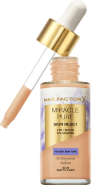 Max Factor Miracle Pure Skin Reset, podkład serum 2w1, beżowa butelka z zakraplaczem, Fair to Light.