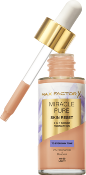 Max Factor Miracle Pure 2w1 serum foundation z niacynamidem, jasny odcień, szklana butelka z aplikatorem, widok z przodu.