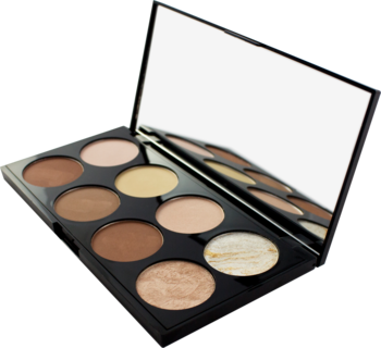 Otwarta czarna paleta Revolution Ultra Contour z lusterkiem, 8 odcieni matowych i błyszczących do twarzy.