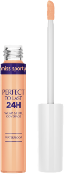 Korektor Miss Sporty Perfect to Last 24H, brzoskwiniowy, butelka z wyciągniętym aplikatorem, widok z przodu.