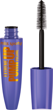 Fioletowa maskara Miss Sporty Pump Up Volume Extreme z otwartym aplikatorem i czarną szczoteczką z gęstym włosiem, widok z przodu.